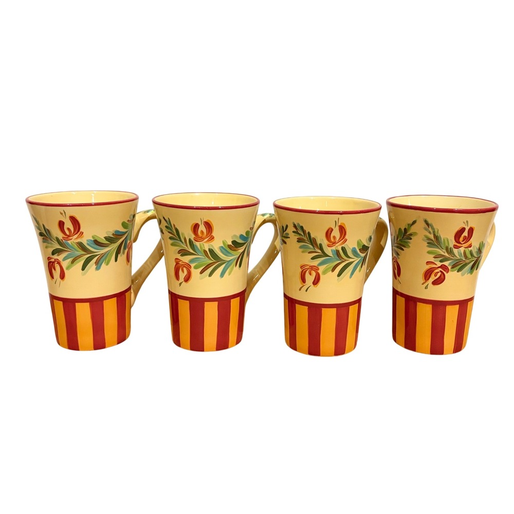 Gail Pittman Vintage Latte Mug Set Sienna Garland Tuscan Hand Painted Ceramic 4p